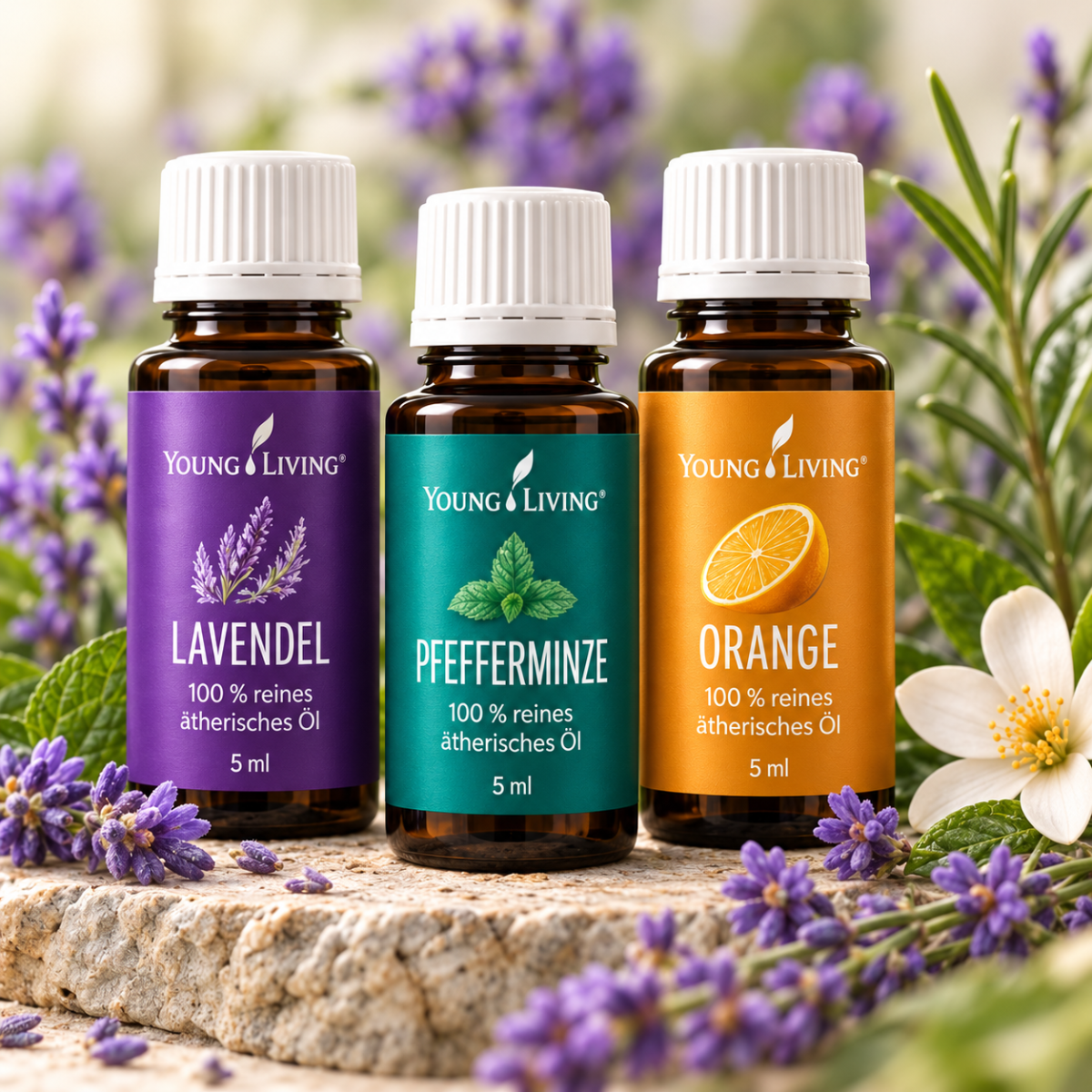 Ätherische Öle mit Lavendel und Pflanzen